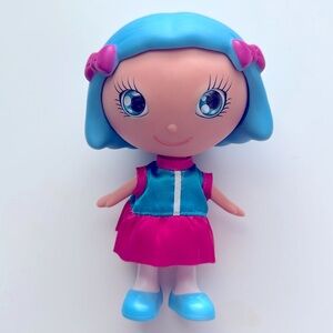 Large Head Blue Hair Blue Polka Dot Eyes Doll in Blue/Pink Dress